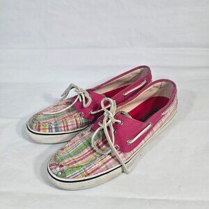 Sperry Top Sider Plaid Sequin Boat Shoes Women Size 9 Pink Pastel Coastal Preppy
